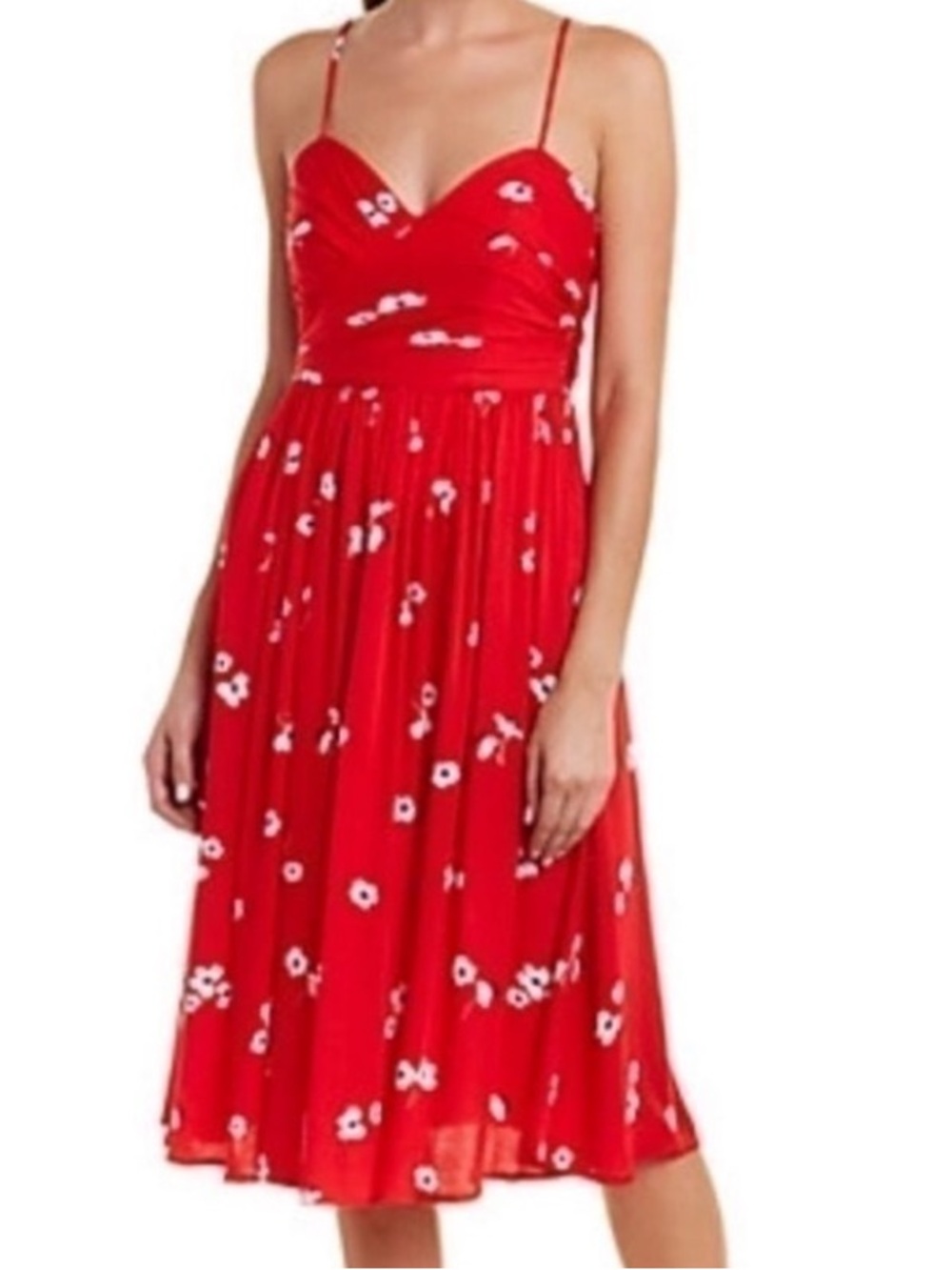 Bardot Red Floral Midi Dress Sweetheart Neck Fit & Flare Sundress Size 6